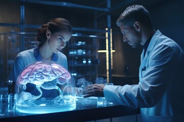 Two hard working neuroscientists working with computer-powered VFX Hologram of  human brain