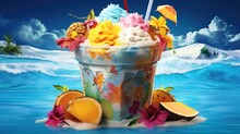 An Ice Cream Sundae With Fruits And Flowers On A Beach.  Generative Ai