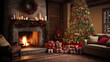 fireplace decorated with christmas decorations and christmas tree in living room