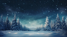 Winter Night Landscape. Snowy Forest And Fir Branches.