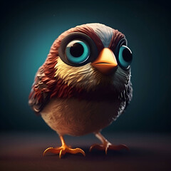 Wall Mural - Cute little bird with big eyes on dark background. 3d rendering