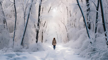 Woman Walking In The Winter Forest
