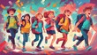 © svetjekolem - school children on a colorful paper wall background. Children with backpacks. Children are happy and ready to learn. Dynamic images.