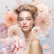 Fashion portrait of a beautiful young woman with pink flowers in her hair, pink background. Beauty, fashion. Girl with modern creative makeup and hairstyle. Artistic portrait.
