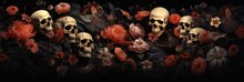 Florals Rise From The Abyss In 3 Dimensional Splendor - Skull Foundations In A Hyperrealistic Journey Of Gothcore And Floralpunk Styles - Skulls Flowers Wallpaper Created With Generative AI Technology