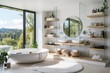 © The 2R Artificiality - a bright bathroom with a large round mirror, bathtub, shower, countryside view from a panoramic window, glass partition, shelves, towel, carpet, white walls, and liquid soap.