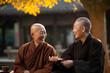 Old Chinese monk sharing a warm smile with a visitor at the temple, old Chinese monk  