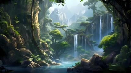 Wall Mural - The River Bank with Flowers and Trees.Deep Forest. Video Game's Digital CG Artwork, Concept Illustration, Realistic Cartoon Style Background. Fantasy Backdrop.Generative AI.
