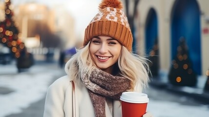 stylish attractive young smiling woman walking in street in winter outfit with coffee wearing checkered coat