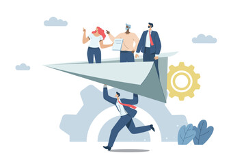 Business leaders or experts provide advice, advice to employees. or beginner successful business development, Businessman manager launches paper plane with teammates.