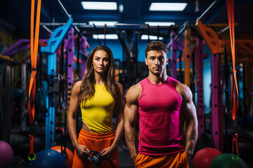 Athletic couple posing in the gym in beautiful colorful outfits