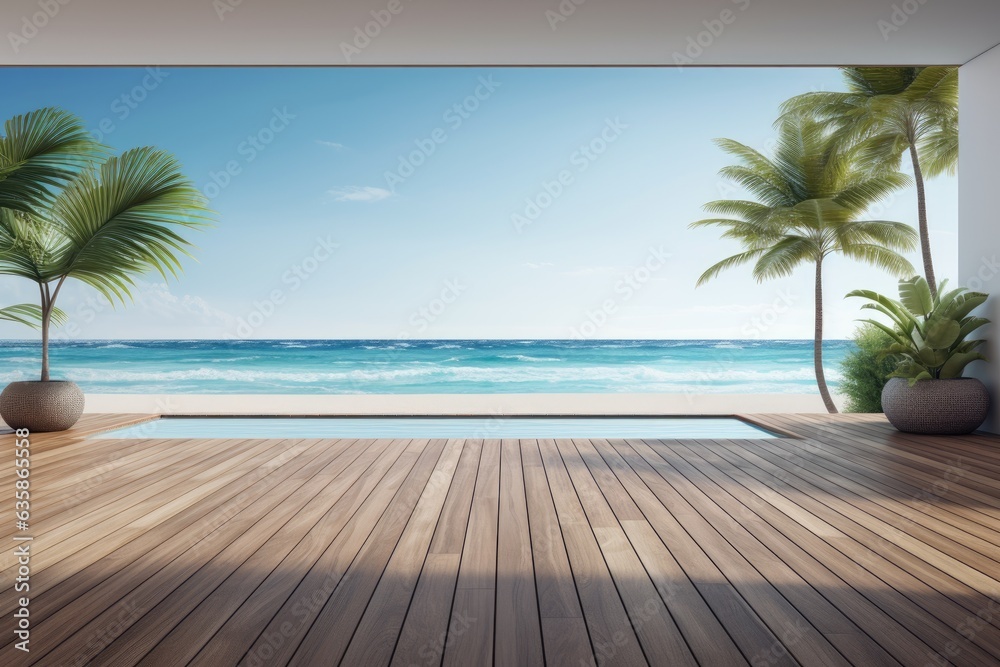 a wooden deck with a view of the sea in a modern beach house or luxury ...