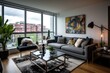 Fully furnished and well staged modern luxury apartment in Montreal with amenities and common areas.