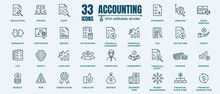 Accounting Icon Set. Containing Financial Statement, Audit, Financial Report, Invoice. Pixel Perfect 64x64. Editable Strokes 
