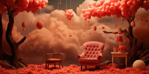 Wall Mural - A pink chair sitting in front of a tree filled with balloons. Generative AI image.