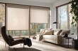 © 2rogan - Automatic motorized roller shades in beige, controlled by remote, near a sofa with a pillow, covered in pastel velour, as green trees can be seen outside in the summer.