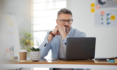 Leinwandbilder - Laptop, thinking and error with a business man in the office for problem solving an issue as a manager. Computer, 404 and confused with a corporate employee in doubt about an idea, report or info