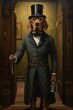 Dog, Ironic Portrait, Domestic mastiff, Butler, 1800, Room, Castle, Poster. THE MUSTIFF BUTLER. Doggy dressed up as a butler in 1800s style. Feline in standing pose with little bell and top hat.