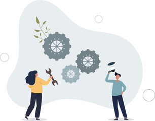 Automation of work.people work with gears of machine.flat vector illustration