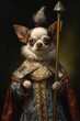 3d portrait, Aristocratic chihuahua, Dog, Noble, Renaissance, Medieval, Cloak, Royal. CHIHUAHUA ABSOLUTE GOVERNOR. A cute, tender doggy in standing pose with cloak and royal clothes.