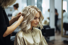 A Beautiful Blonde Woman Getting A Haircut And A Blowdry At The Hairdresser Or Hair Salon. Healthy Hair, Advertising And Marketing. Luxury Lifestyle, Platinum Blonde.