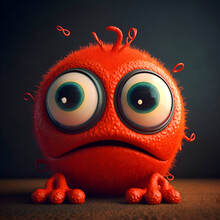 Funny Red Monster With Big Eyes On Dark Background. 3d Illustration.