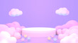 3d rendered pastel purple podium with flowers and clouds.