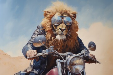 Motorcyclist lion, Biker, Rider, Motorcycle, Motorbike, American, USA, Sunglasses, Wallpaper. KING RIDER! Biker lion with mirrored sunglasses on the road, blue sky. Leather dress. Dust on his way