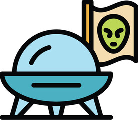 Sticker - Alien spaceship icon outline vector. Space ufo. Comic astronaut color flat