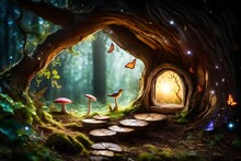 Enchanted Fairy Forest With Magical Shining Window In Hollow Tree, Large Mushroom With Bird And Flying Magic Butterfly Leaving Path With Luminous Sparkles , Generative Ai