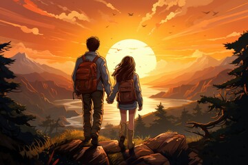 Wall Mural - Adventure Together Illustrate the girl and her dream - colorfull graphic novel illustration in comic style