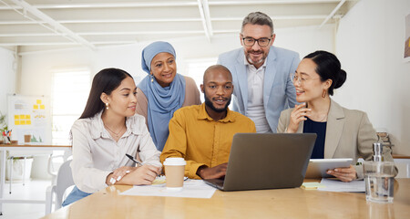 Poster - Business people, laptop and team, meeting or planning in marketing, website design and office presentation. Group of men and woman on computer for teamwork, online research and project collaboration