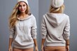 White hoodie mockup. A woman in a white hoodie, front and back. Generative AI