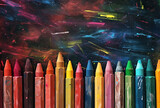 Vibrant Wax Crayons Scattered on a Mysterious Dark Canvas of Creativity - AI generated
