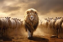 Savannah Lion Advancing Among Sheep Flock, Crowd, Masses, Differentiating, Wallpaper. OUT OF THE CROWD. A Majestic Lion Makes Its Way With Imperious Air Distinguishing Himself By The Herd.