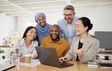 Wall Mural - Business people, computer and teamwork or planning for marketing, website design and presentation in office. Group of men and woman on laptop for online news, startup meeting or project collaboration