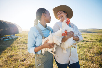 happy, team of women and chicken on farm in agriculture, bird or meat production in countryside, fie