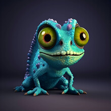 Funny Blue Chameleon With Green Eyes. 3D Rendering