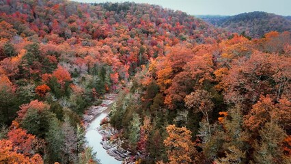 Wall Mural - Ozark mountains and river in autumn with aerial drone flying over with fall colored forest leaves in Arkansas