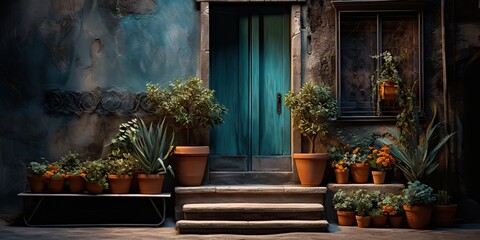 Wall Mural - AI Generated. AI Generative. Old retro vintage street walk in Europe village small city countryside decoration with plants. Graphic Art