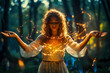 Young beautiful woman - fairy conjures in the forest. fairy tale. Sorceress casts a magic spell