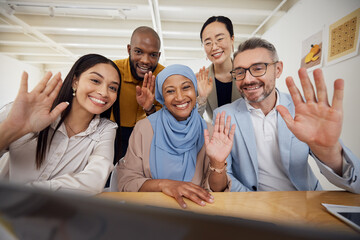 Aufkleber - Business people, video call and team portrait for online meeting, communication and marketing collaboration in office. Face of women and men or diversity group wave hello in virtual presentation