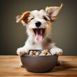 A happy small terrier mix puppy eagerly eating its kibble from a bowl