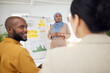© Wesley/peopleimages.com - Woman, coaching and whiteboard in team presentation, strategy or group meeting at the office. Creative female person or mentor training staff in teamwork, collaboration or sharing ideas in startup