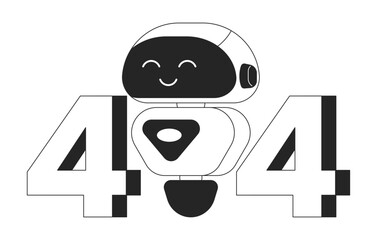Fototapete - Smiling chatbot black white error 404 flash message. Modern technology. Robotics. Monochrome empty state ui design. Page not found popup cartoon image. Vector flat outline illustration concept