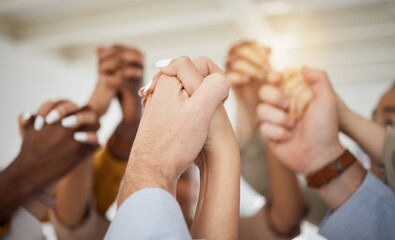 Poster - Holding hands, business people and office support with diversity, partnership and collaboration. Celebration, motivation and company staff with solidarity, community and together with teamwork