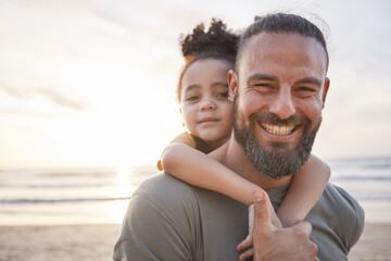 Sticker - Portrait, father and child at beach at sunset, happy or bonding outdoor. Face, smile and dad of kid at ocean in foster care, interracial and having fun on summer trip, vacation or travel mockup space