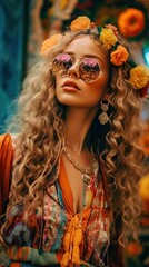 beautiful woman in retro hippy clothes