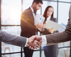 close-up of a handshake of business partners against the background of colleagues