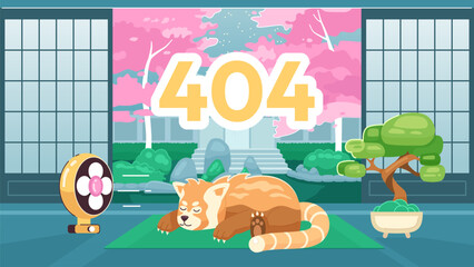Poster - Sleeping red panda error 404 flash message. Wild animal near fan. Website landing page ui design. Not found cartoon image, cute vibes. Vector flat illustration concept with kawaii anime background